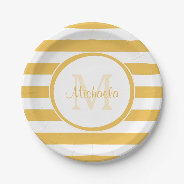 Contemporary Named Mimosa Yellow Awning Stripes Paper Plate (Front)