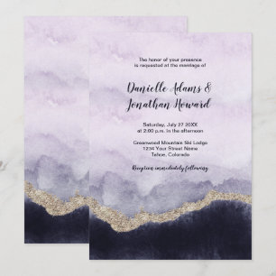 Contemporary Navy Lavender Marble Gold Wedding Invitation