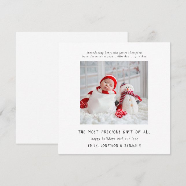 Contemporary Newborn Photo Birth Christmas Card (Front/Back)