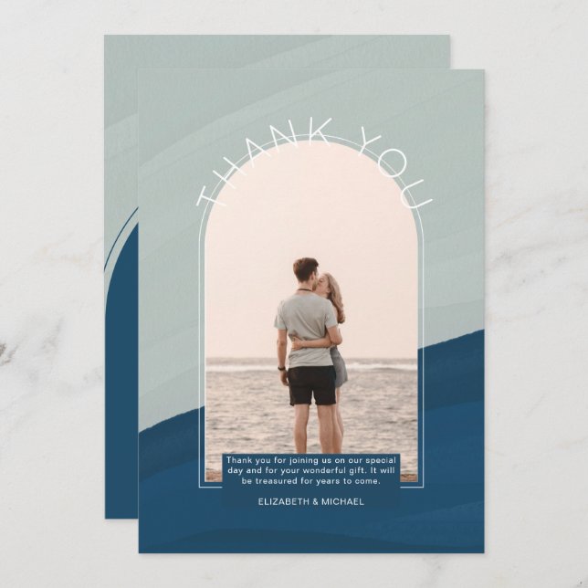 Contemporary Ocean Striped PHOTO THANK YOU Invitat Invitation (Front/Back)