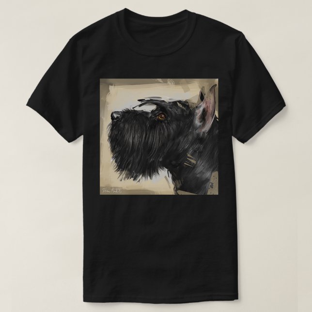 Contemporary Painting of a Black Schnauzer on a Be T-Shirt (Design Front)