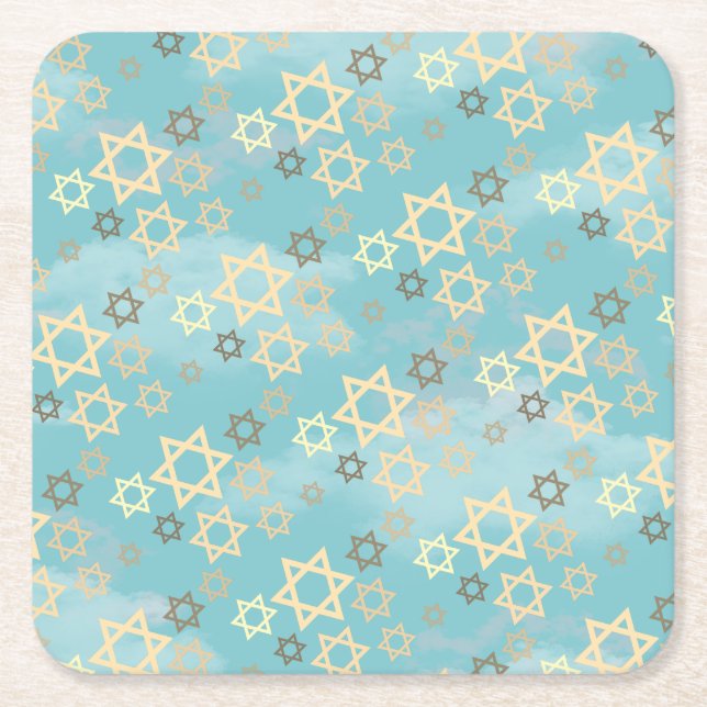 Contemporary Passover Blue Sky Stars of David Square Paper Coaster (Front)