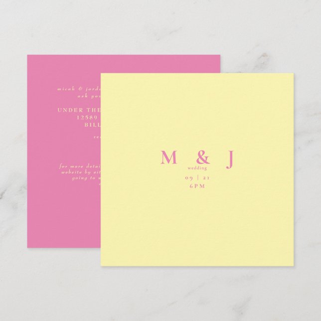 Contemporary Pink & Yellow Square Wedding  Invitation (Front/Back)