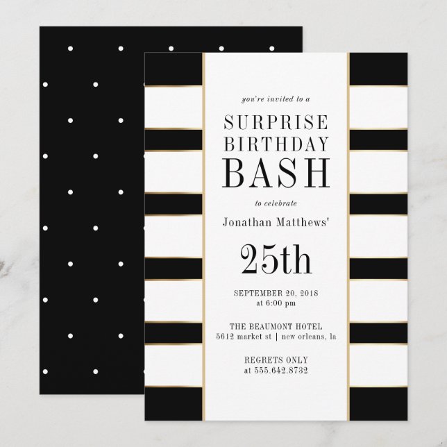 Contemporary Polka Dots & Stripes Surprise Party Invitation (Front/Back)