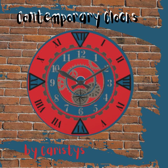 Contemporary Red and Blue Steampunk Wall Clock  (Contemporary Clocks available in various colors.)