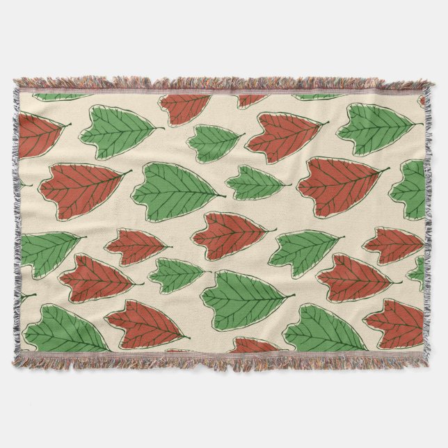 Contemporary Red and Green Oak Leaves Pattern Throw Blanket (Front)