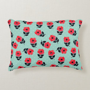 Contemporary Red Aqua Floral Pattern Decorative Cushion