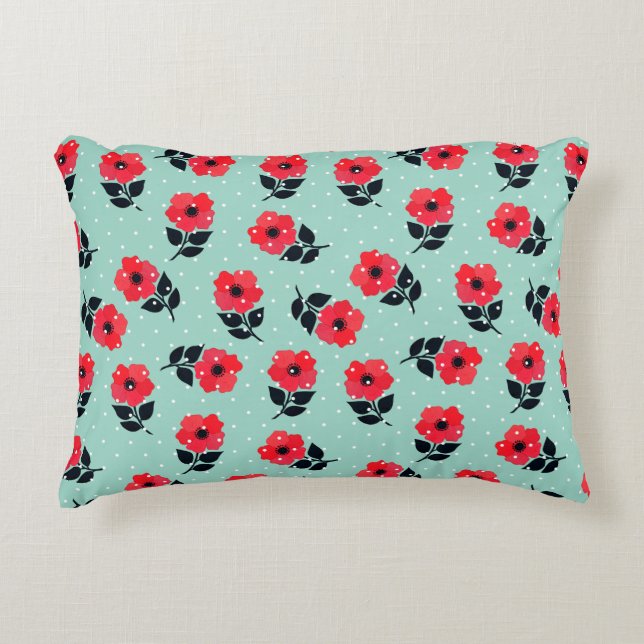 Contemporary Red Aqua Floral Pattern Decorative Cushion (Front)