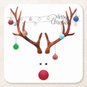 Contemporary Red Nose Reindeer and Light String Square Paper Coaster
