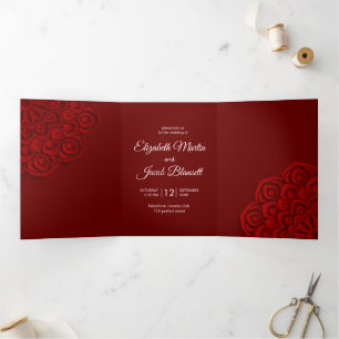 Contemporary Red Papercut Mandala Wedding Tri-Fold Invitation