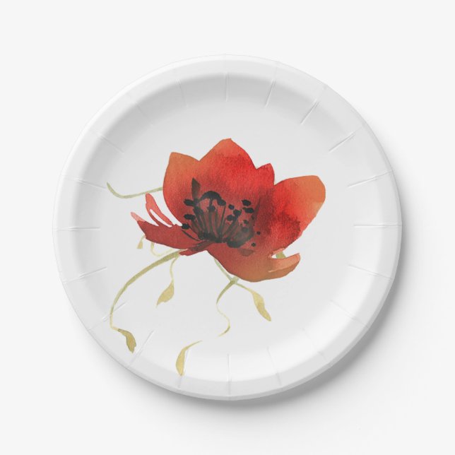 Contemporary Red Poppy and Simple Gold Foliage Paper Plate (Front)