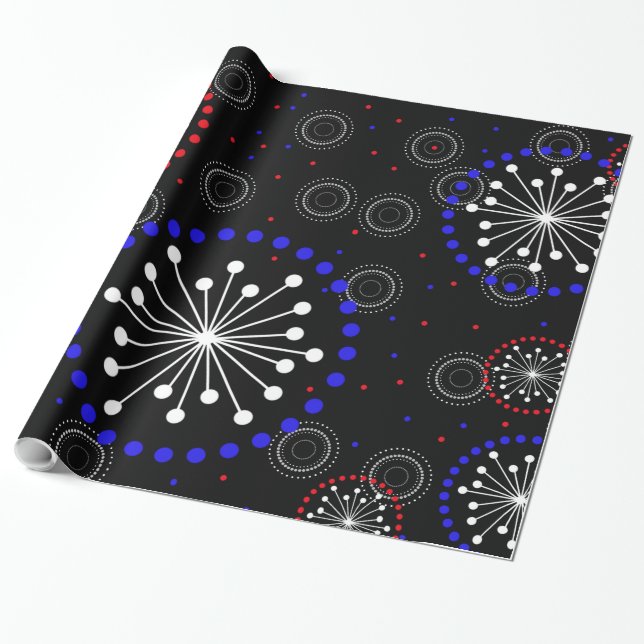 Contemporary Red White Blue Fireworks Wrapping Paper (Unrolled)