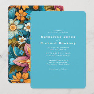  Contemporary Retro Floral Turquoise Wedding Invitation