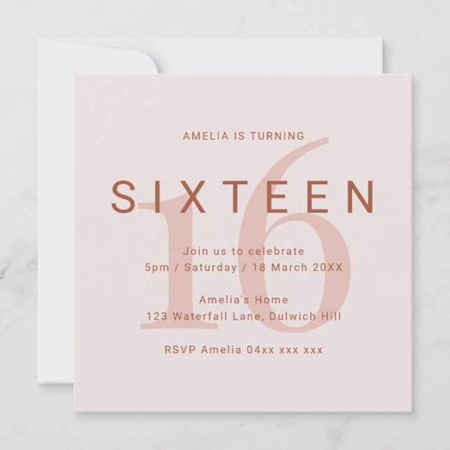 Contemporary Rose 16th Birthday Party Invitation (Front)