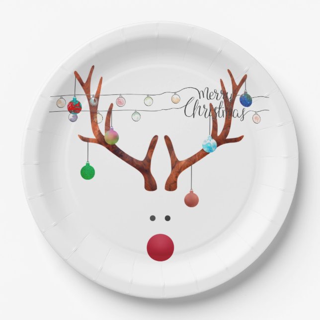 Contemporary Rudolph with Light String Paper Plate (Front)