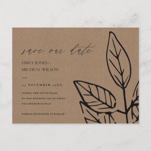 CONTEMPORARY RUST BROWN LEAVES SAVE THE DATE ANNOUNCEMENT POSTCARD