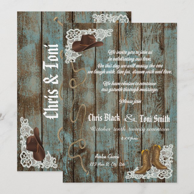 Contemporary Rustic Boots & Lace Wedding Invite (Front/Back)