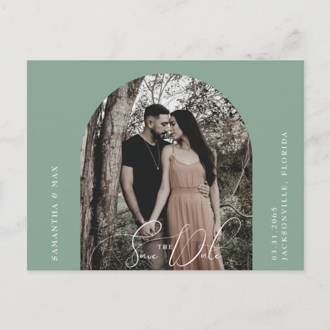 Contemporary Sage Arch Photo Black Save the Date Postcard (Front)