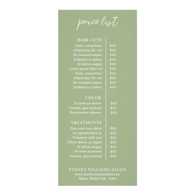 Contemporary Sage Green Modern Price List Rack Card (Front)