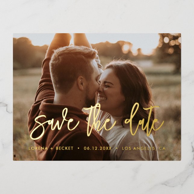 Contemporary Save the date gold foil photo card (Front)