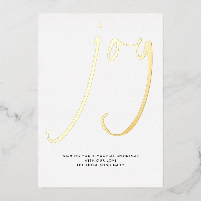Contemporary Script Joy Christmas Gold Foil Holiday Card (Front)