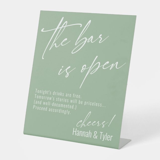 Contemporary Script Sage Green The Bar is Open Pedestal Sign (Front)