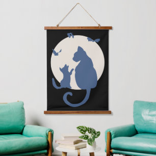 Contemporary Silhouette Cat and Kitten Hanging Tapestry