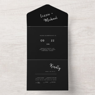 Contemporary Simple Black Monogram Wedding All In One Invitation