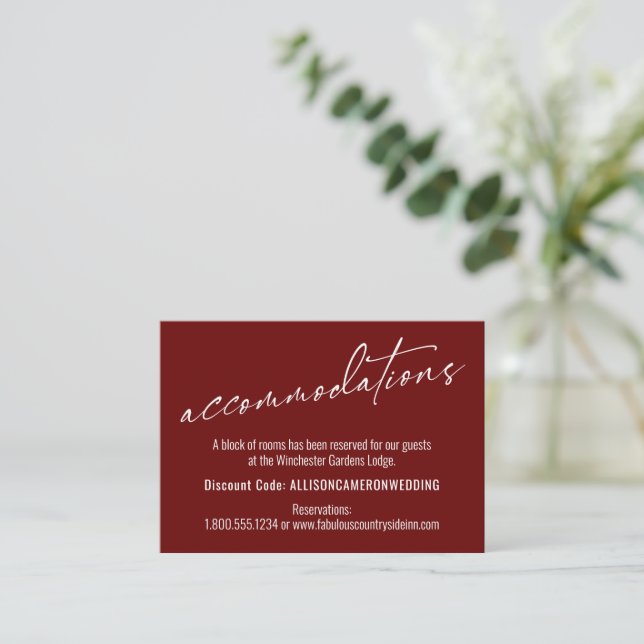 Contemporary Simple Burgundy Accommodations Enclosure Card (Standing Front)