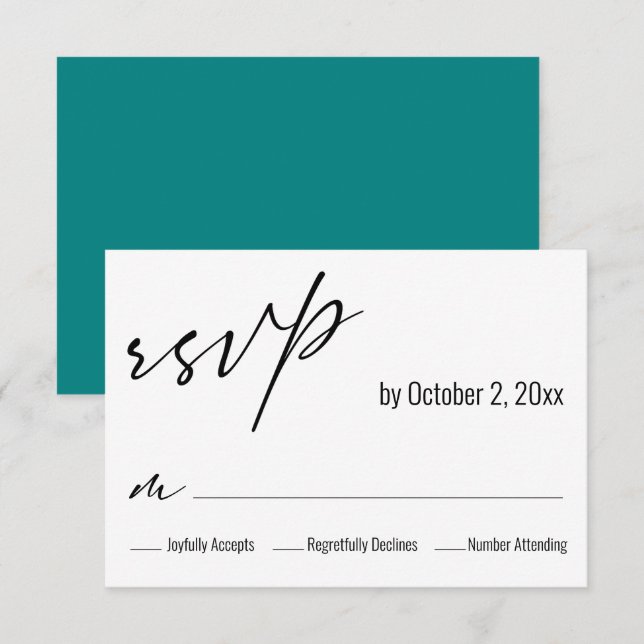 Contemporary Simple Elegant Teal Back Wedding RSVP Card (Front/Back)