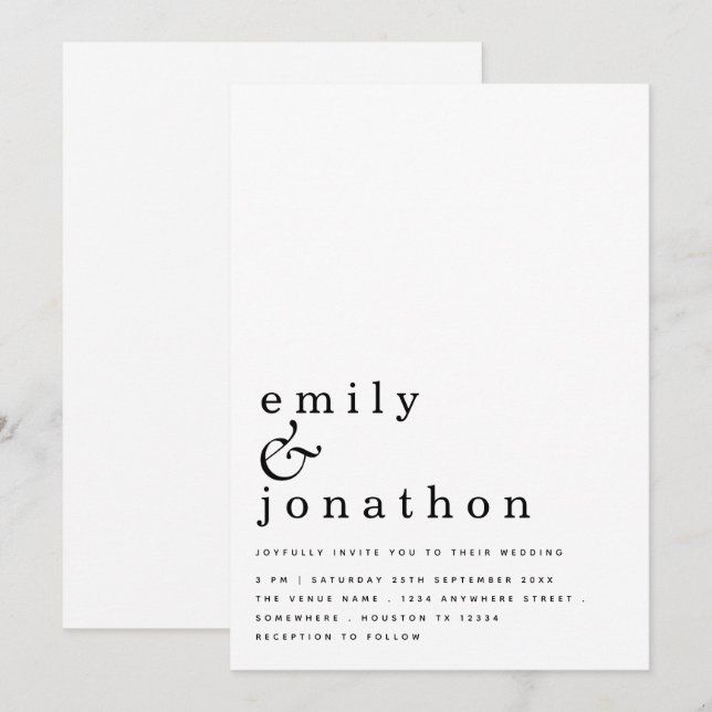 Contemporary Simple Text Black White Wedding Invitation (Front/Back)