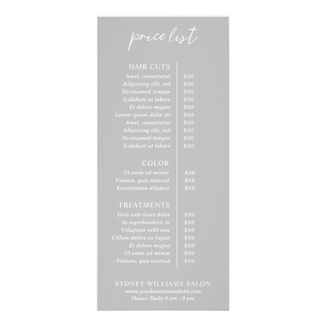 Contemporary Slate Grey Modern Price List Rack Card (Front)