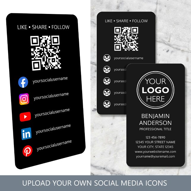 Contemporary Social Media Logo QR Code Black Business Card (Creator Uploaded)