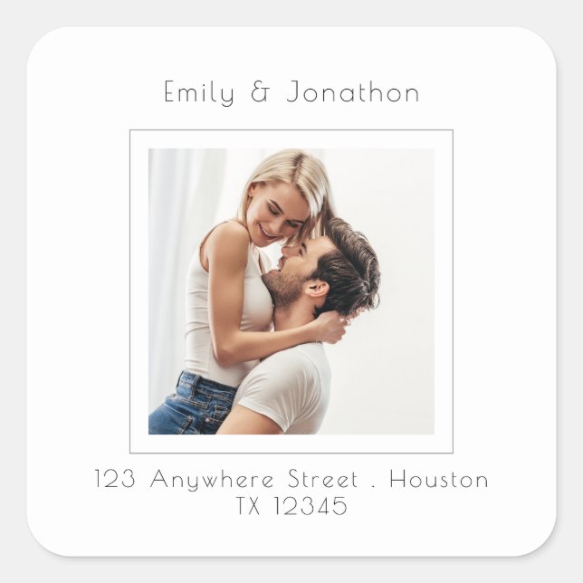 Contemporary Square Photo Wedding Return Address Square Sticker (Front)