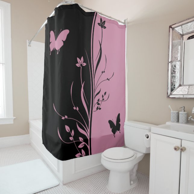 Contemporary striking Black and cashmere rose pink Shower Curtain (In Situ)