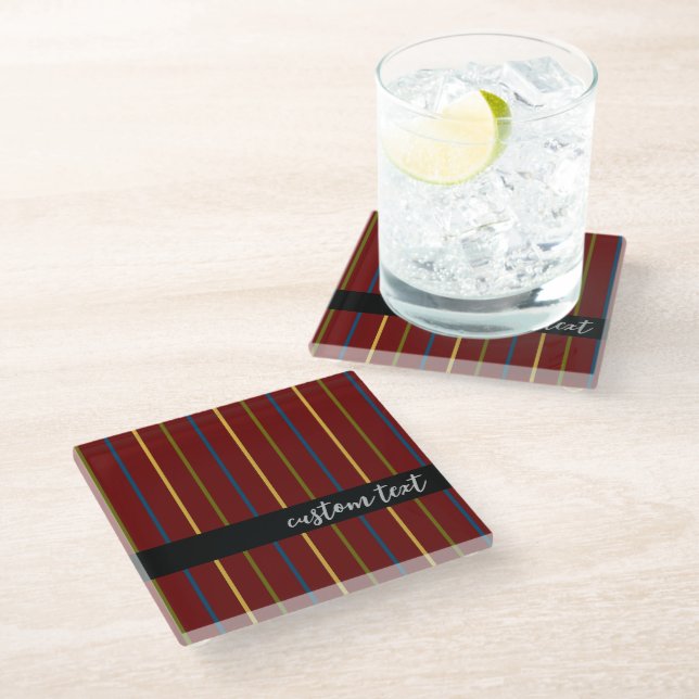 CONTEMPORARY STRIPE RICH RED VERTICAL LINES SCRIPT GLASS COASTER (Angled)