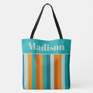 Contemporary Stripes Aqua Orange Personalised Tote Bag