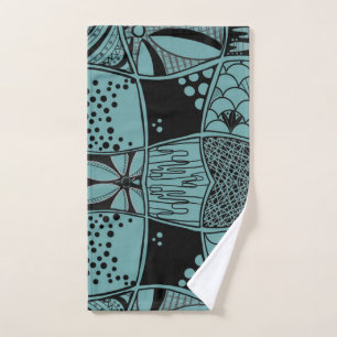 Contemporary Teal Grid & Leaf Illustration Hand Towel