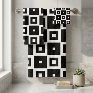 Contemporary Trendy Black & White Squares Pattern Bath Towel Set