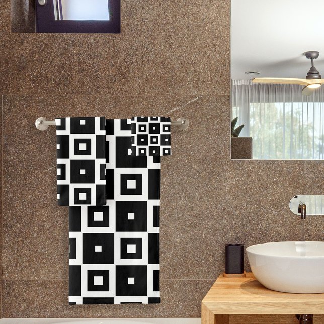 Contemporary Trendy Black & White Squares Pattern Bath Towel Set (Creator Uploaded)