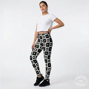 Contemporary Trendy Black & White Squares Pattern Leggings