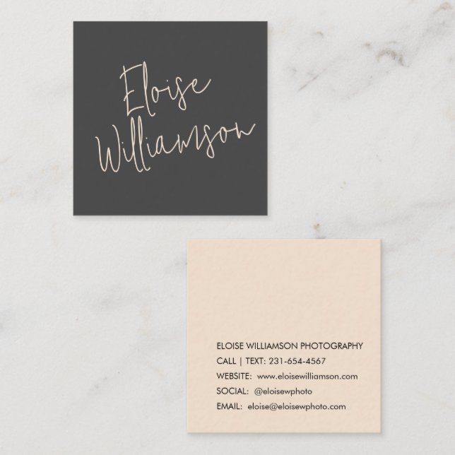 Contemporary Trendy Chic Bold Calligraphy Black Square Business Card (Front/Back)