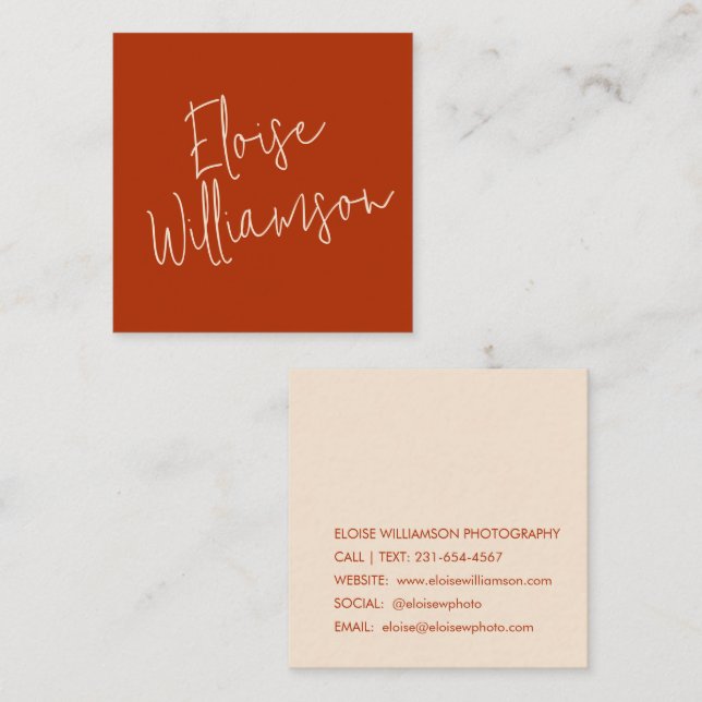 Contemporary Trendy Chic Bold Calligraphy Red Square Business Card (Front/Back)