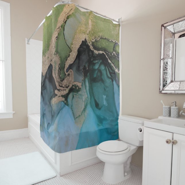 Contemporary Turquoise Teal Green Black Shower Curtain (In Situ)