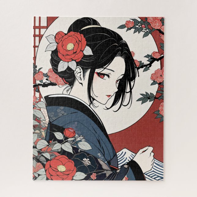Contemporary ukiyoe, Kimono beauty Jigsaw Puzzle (Vertical)