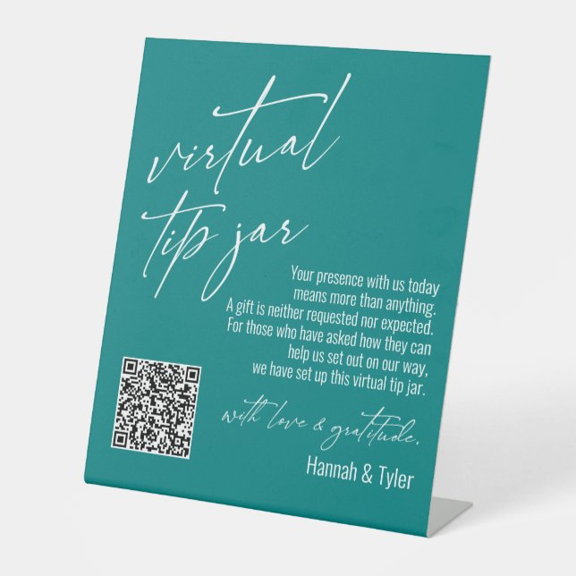 Contemporary Virtual Tip Jar QR Code Teal Pedestal Sign (Front)