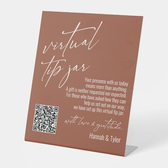 Contemporary Virtual Tip Jar QR Code Terracotta Pedestal Sign (Front)