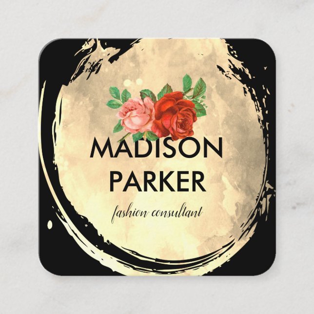 Contemporary Watercolor Gold Brushed Roses Square Business Card (Front)