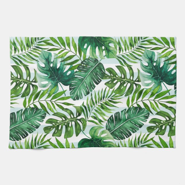 Contemporary Watercolor Tropical Leaves Green Tea Towel (Horizontal)