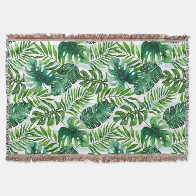 Contemporary Watercolor Tropical Leaves Green Throw Blanket (Front)